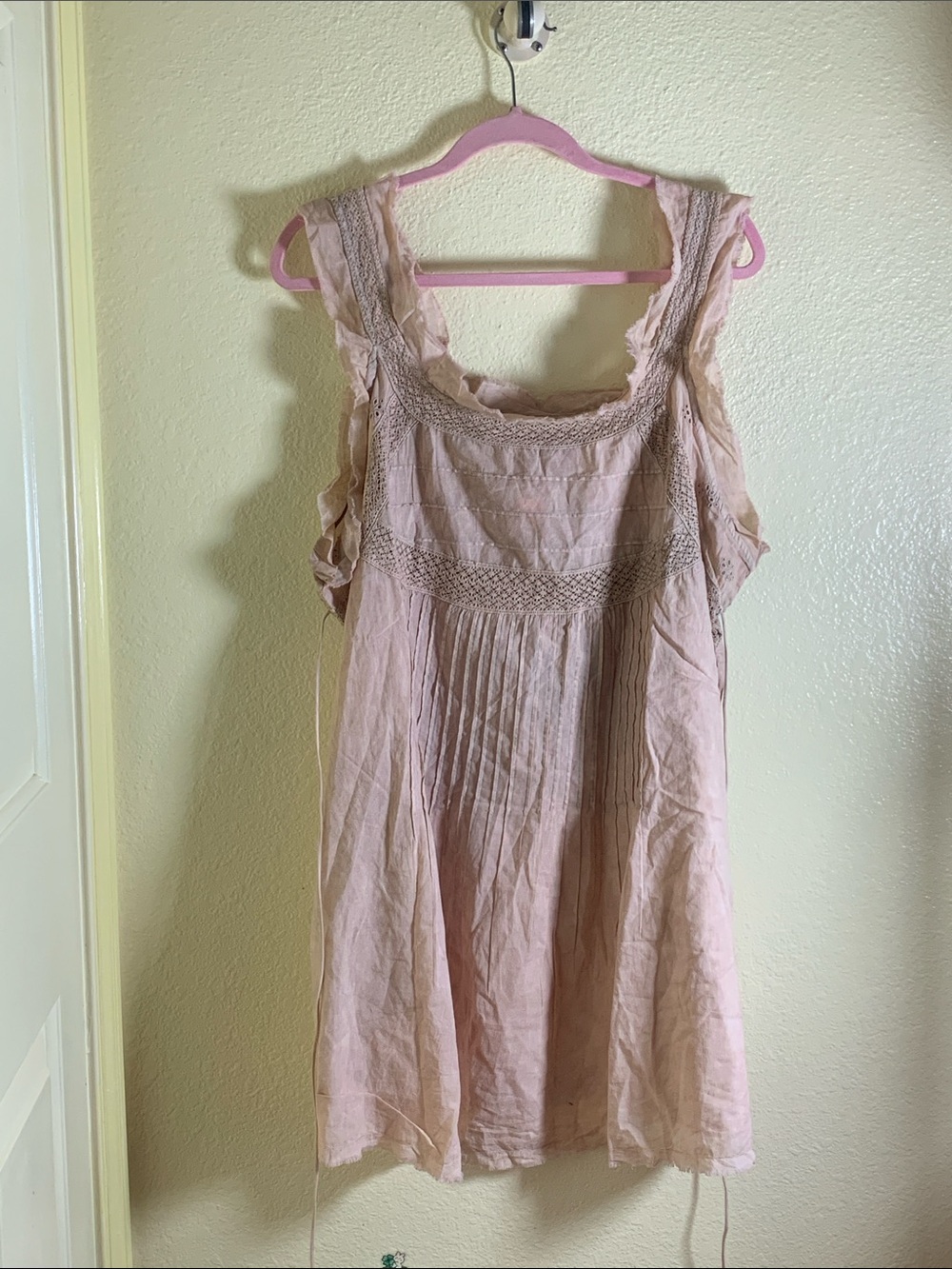 NWOT A Rare Bird Blush Pink Cotton Tunic w/ Pintuck & Lace Accents, Size OS